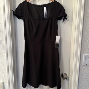 NEW Kensie Fit & Flare Black Dress NWT Queen Anne Neckline Tie Short Sleeves